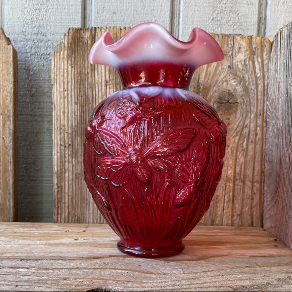 Fenton Glass Cranberry Red Opalescent Vase with Bumble Bees - Hard to Find